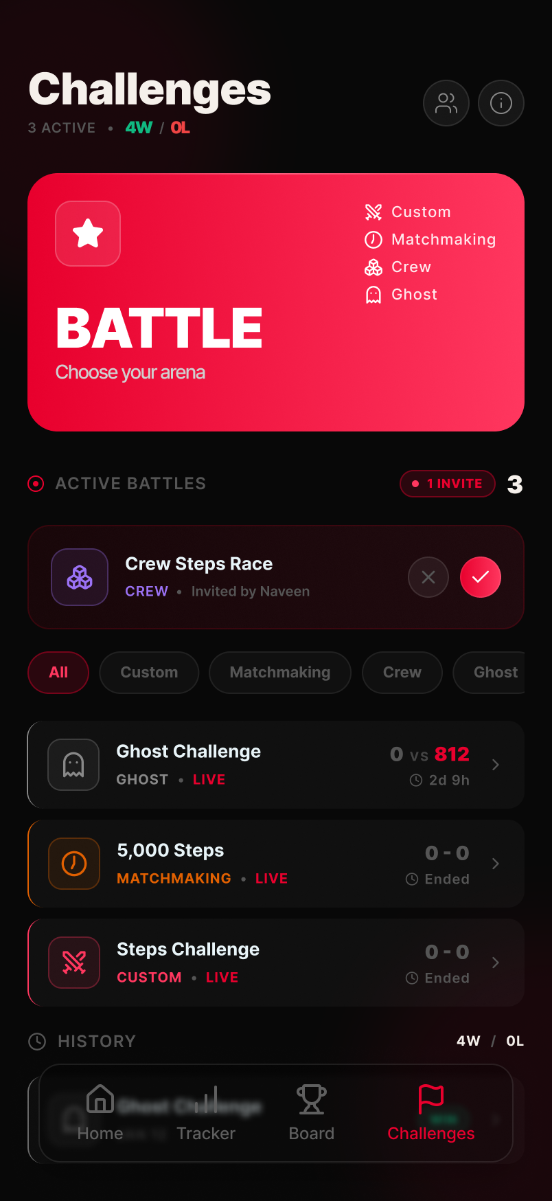 KLYMB challenges screen — crew battles and a live leaderboard