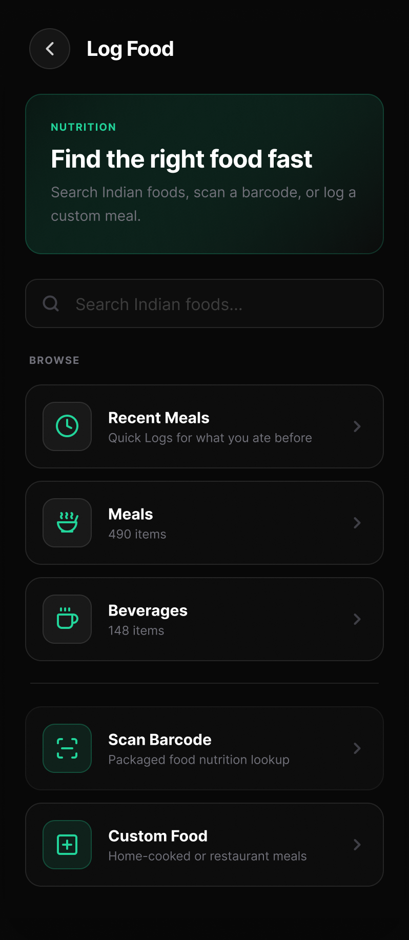 KLYMB meal log — search foods, browse recent meals, or log a custom meal