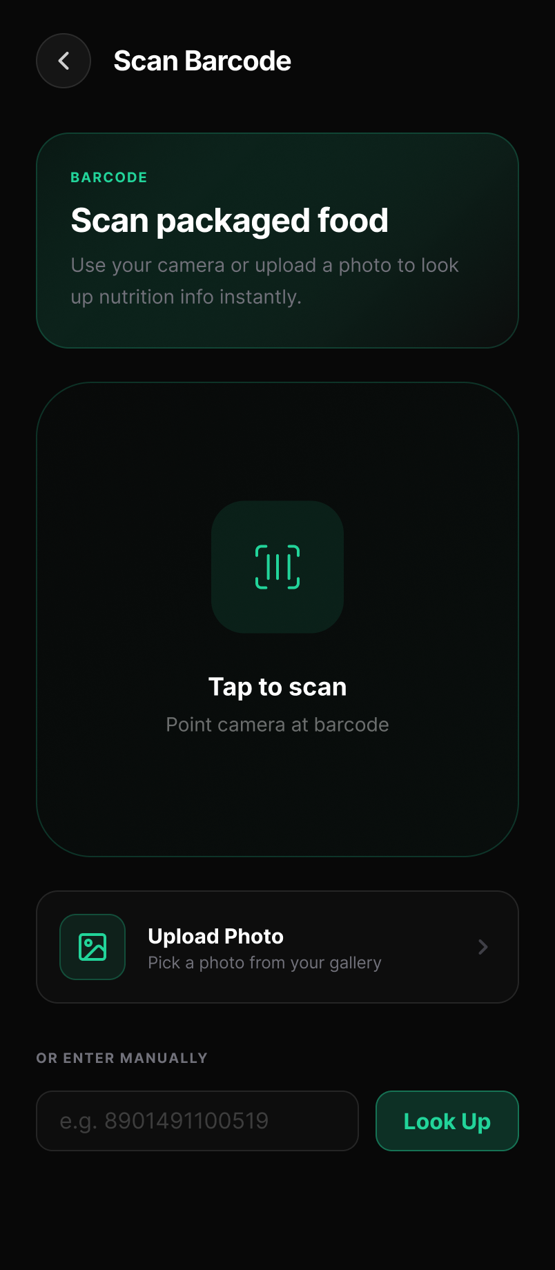 KLYMB barcode scanner — scan packaged food to look up nutrition instantly