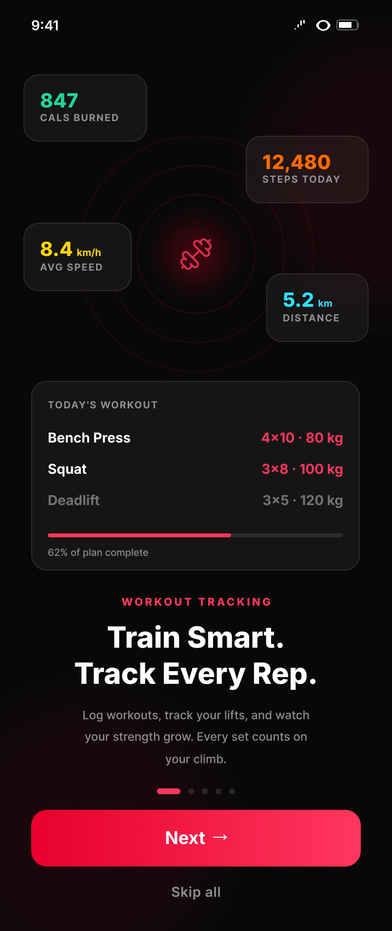 Onboarding screen 1 — workout tracking