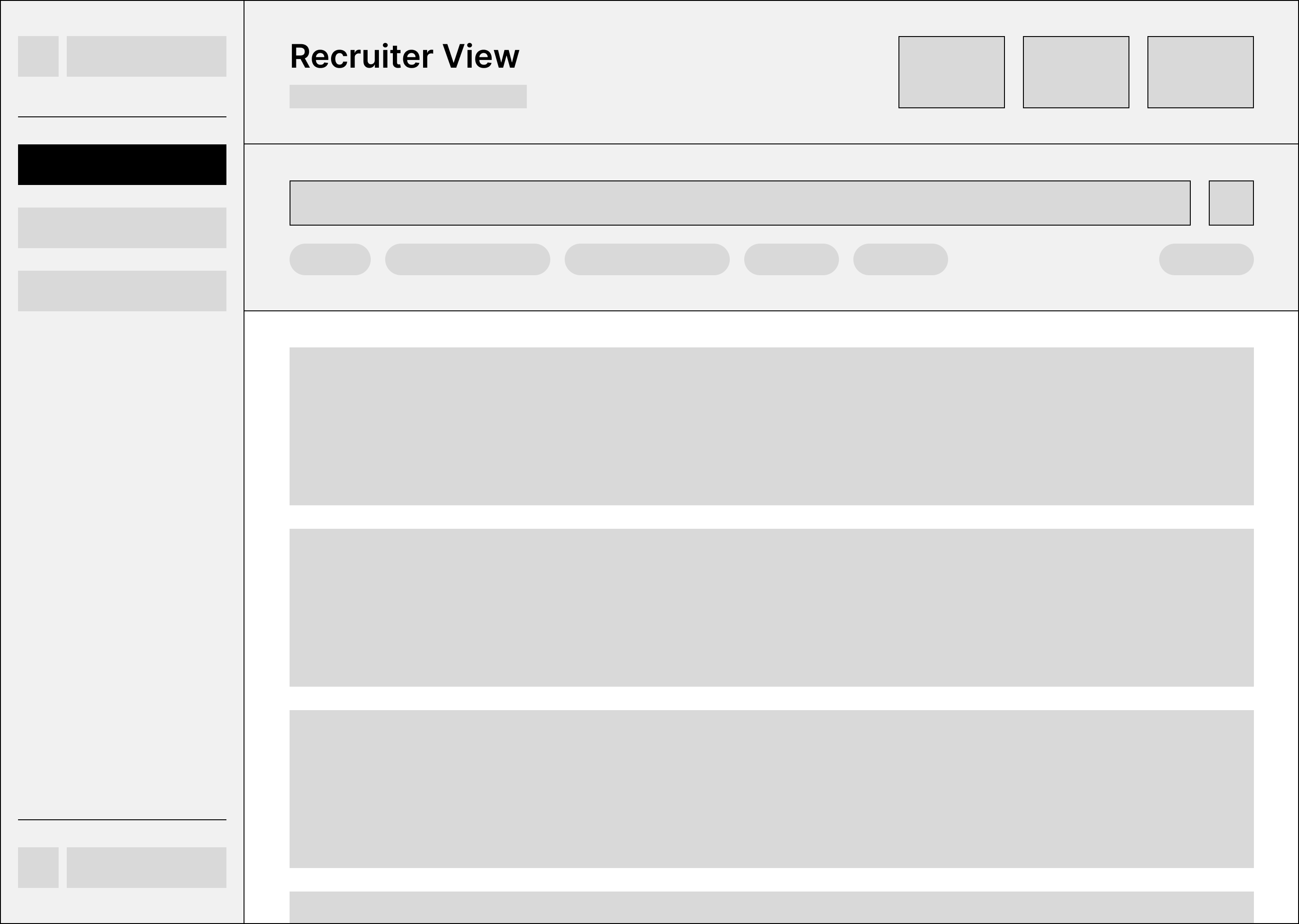 The dashboard wireframe — a grey block layout: sidebar with navigation items, a 'Recruiter View' header with three stat blocks, a search bar with filter pills, and a stack of full-width candidate rows below