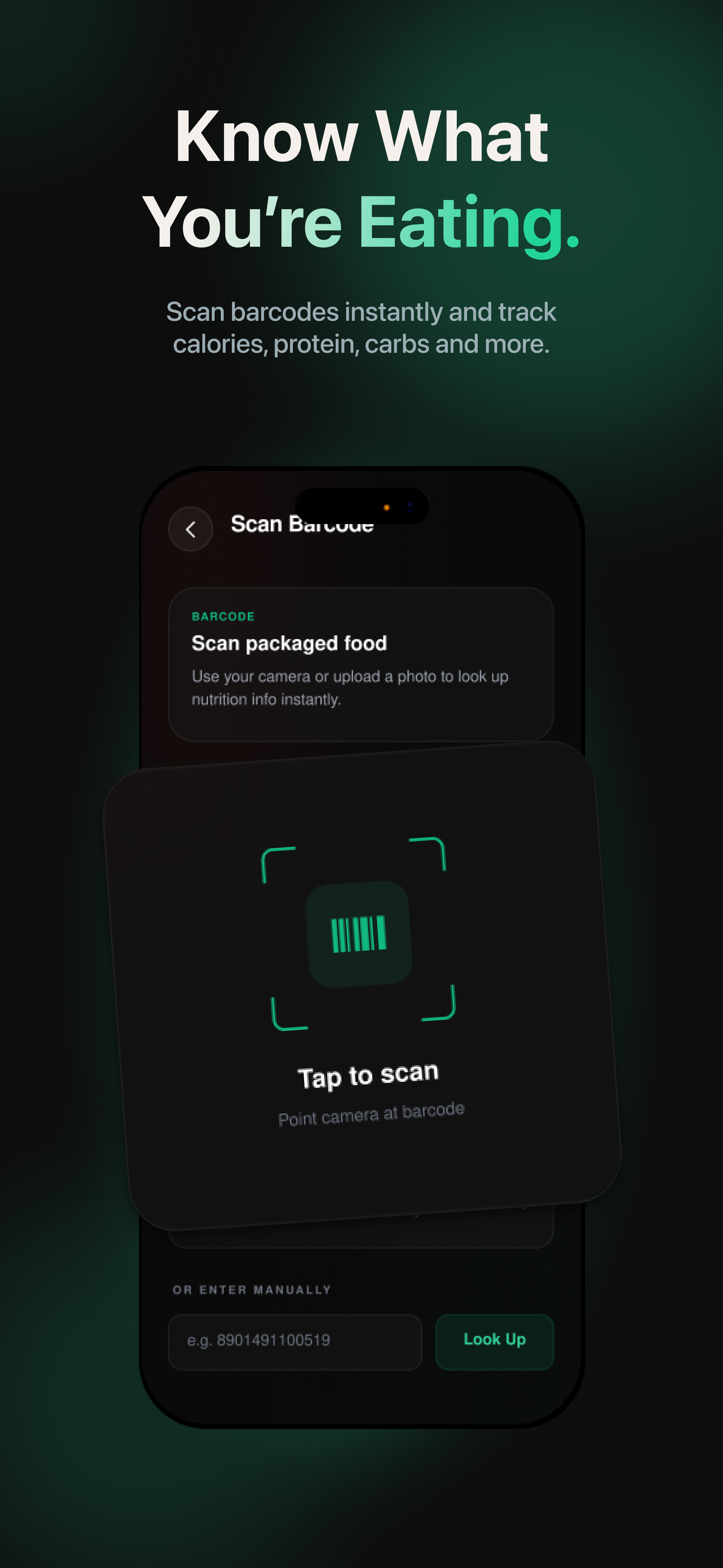 App Store preview concept, dark — the barcode scanning feature on a dark, ambient background
