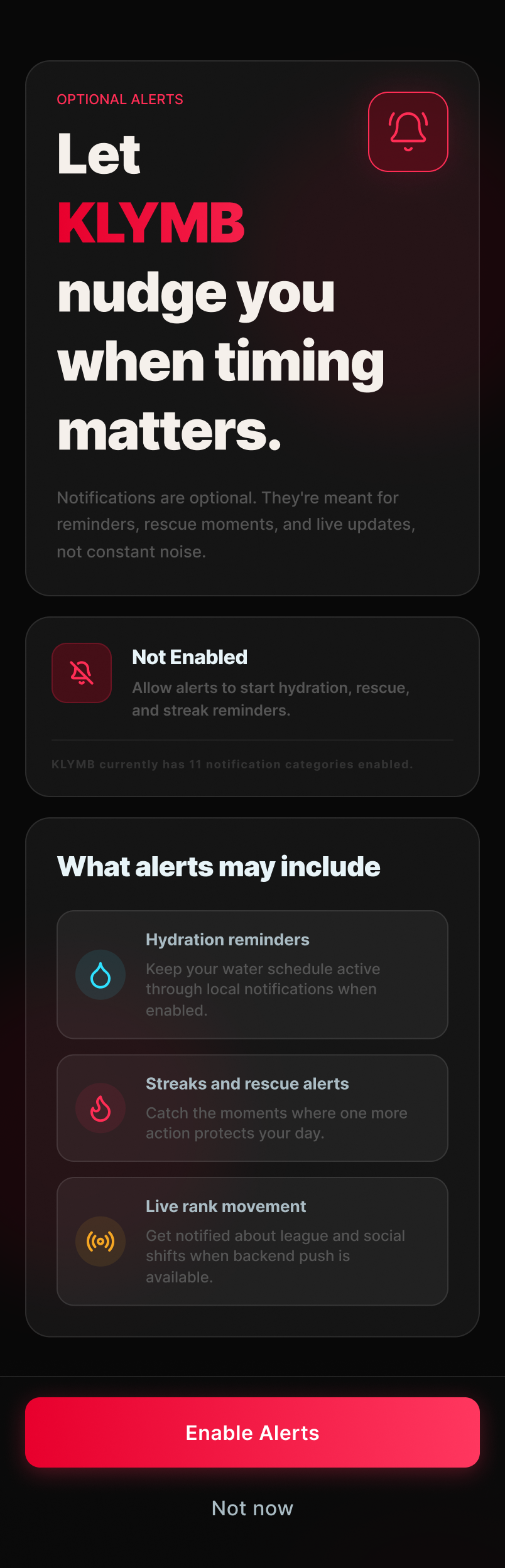 Enable notifications screen, dark theme — hydration, streak and rank-movement alerts