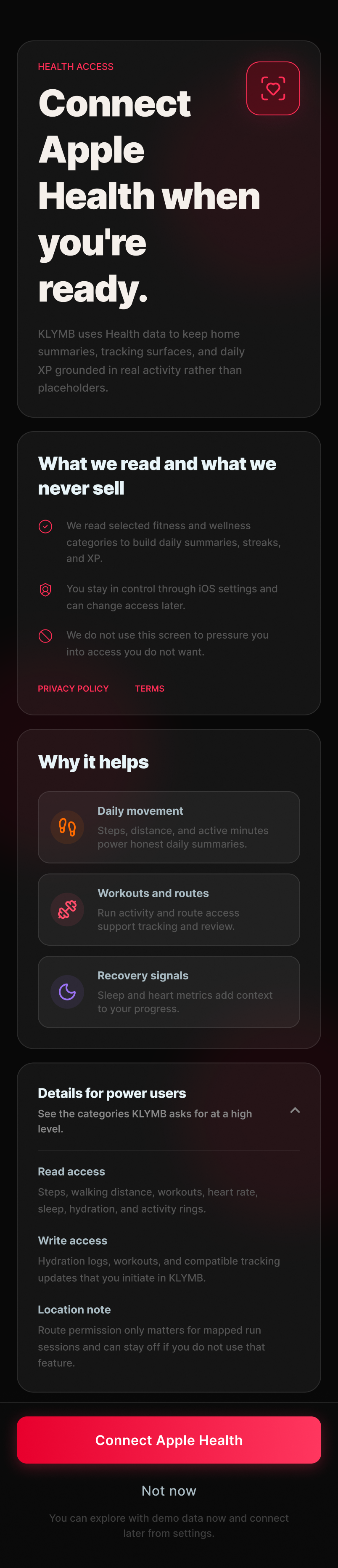 Connect Apple Health screen, dark theme — what KLYMB reads and why it helps