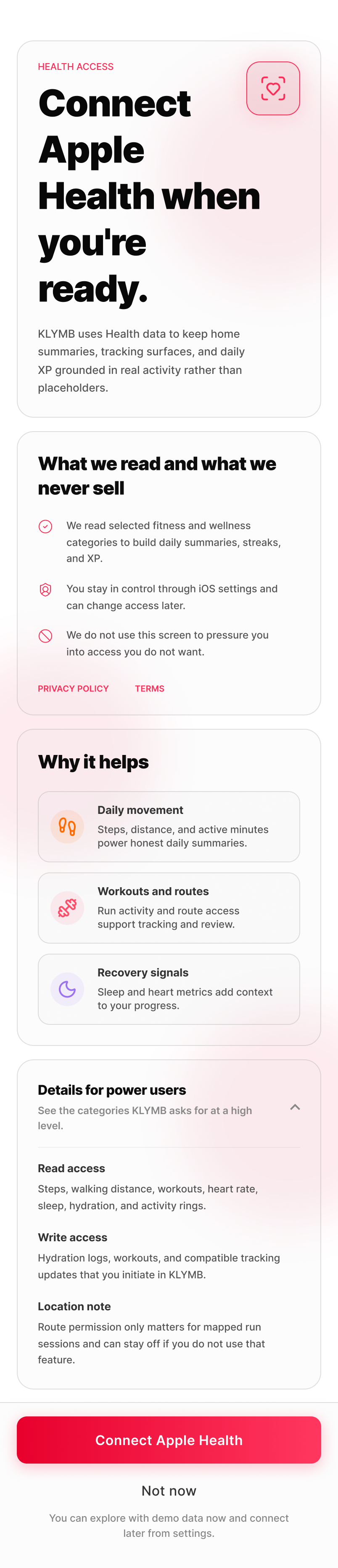 Connect Apple Health screen, light theme — the same layout explored in a light palette