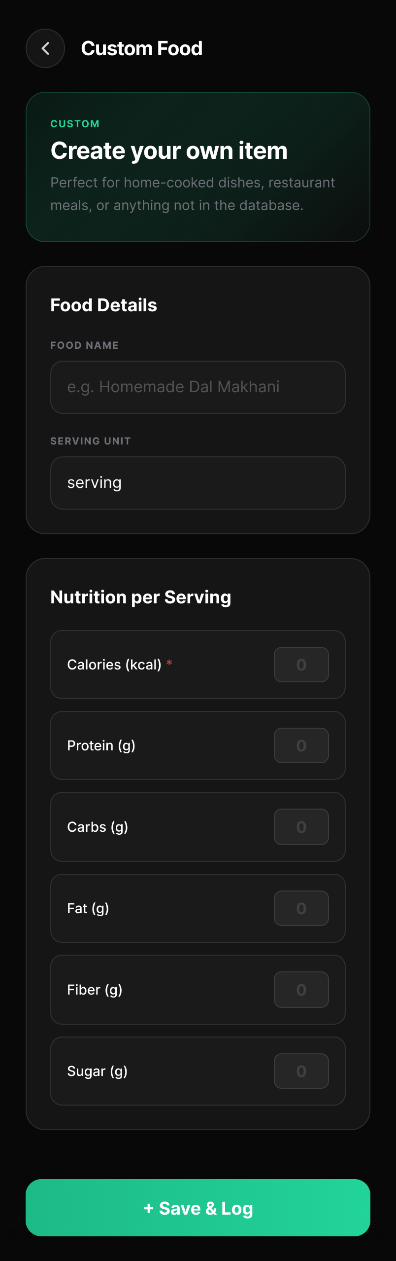Custom Food screen — name, serving unit and per-serving nutrition fields