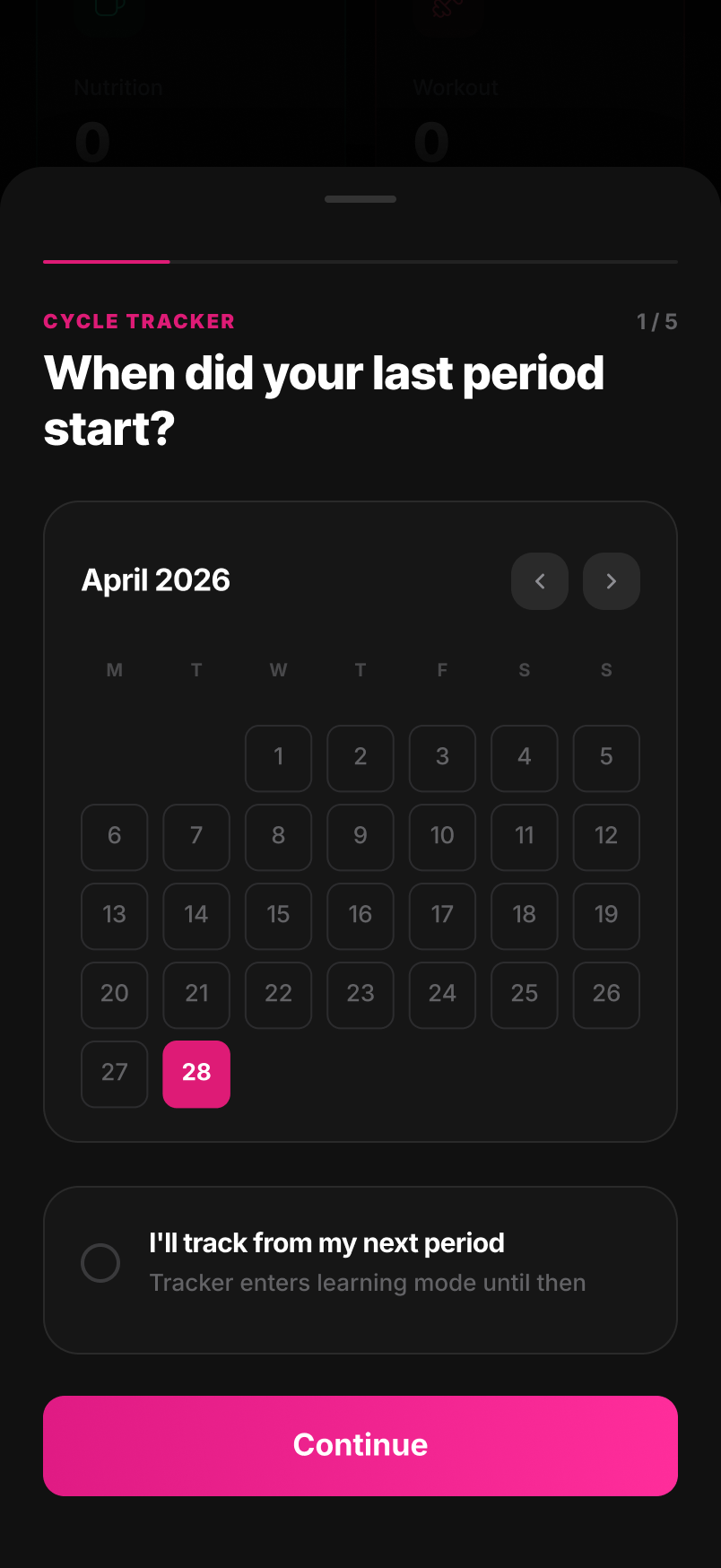 Cycle tracker setup, step 1 of 5 — last period start date