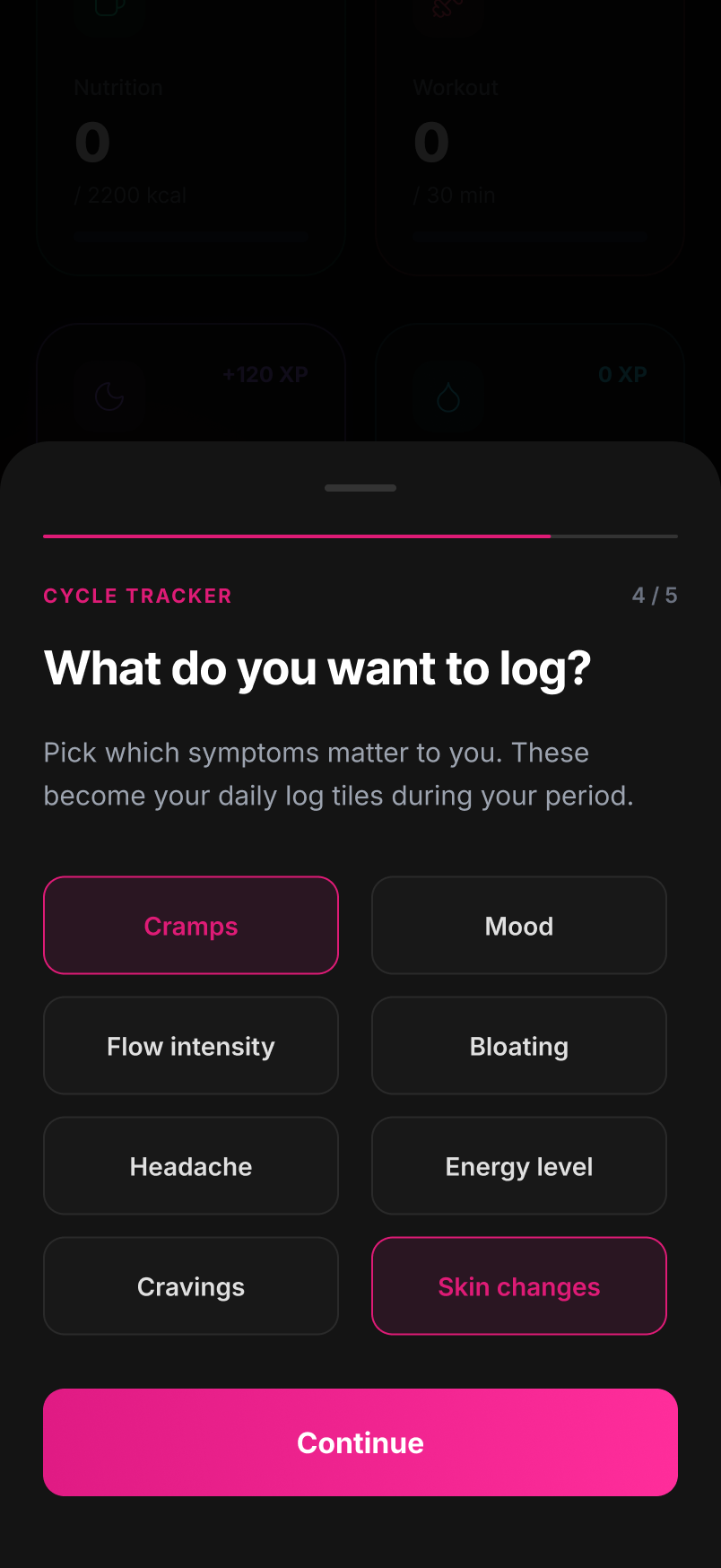 Cycle tracker setup, step 4 of 5 — symptoms to log