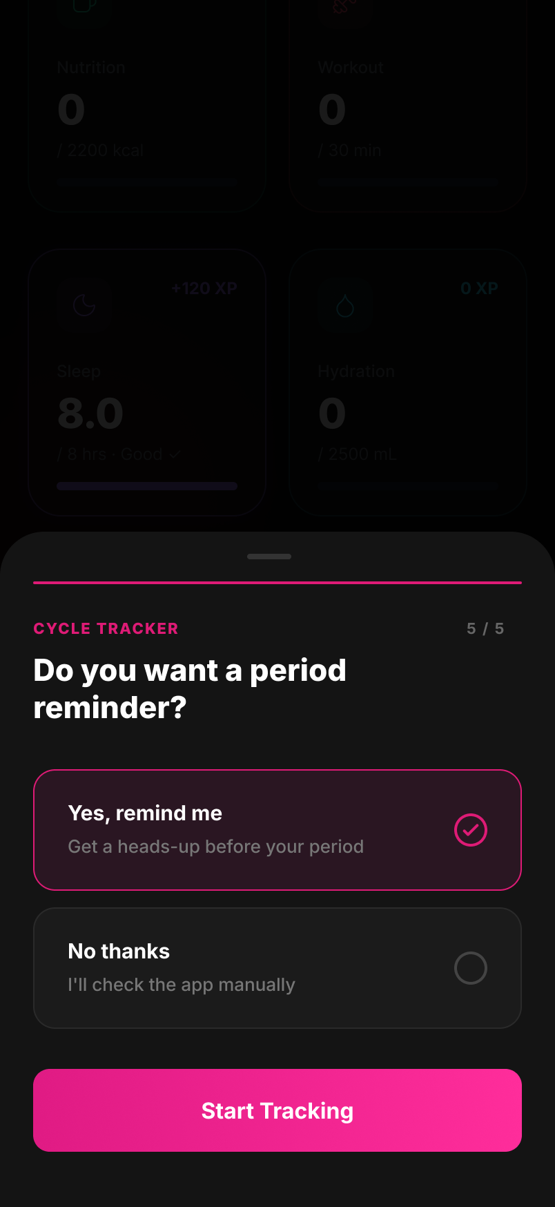 Cycle tracker setup, step 5 of 5 — period reminder preference