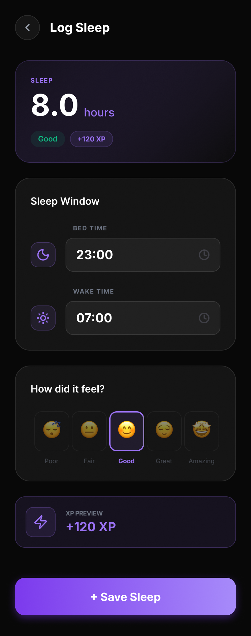 Log Sleep screen — hours slept, sleep window and how it felt
