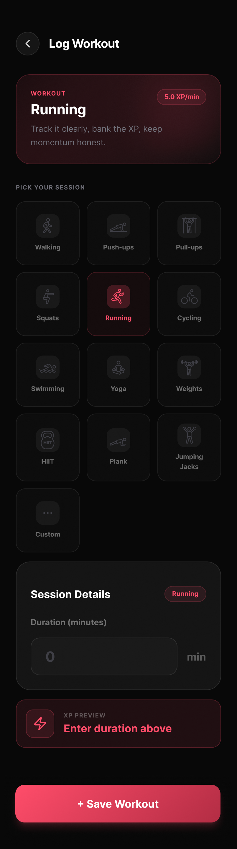 Log Workout screen — activity picker and session duration