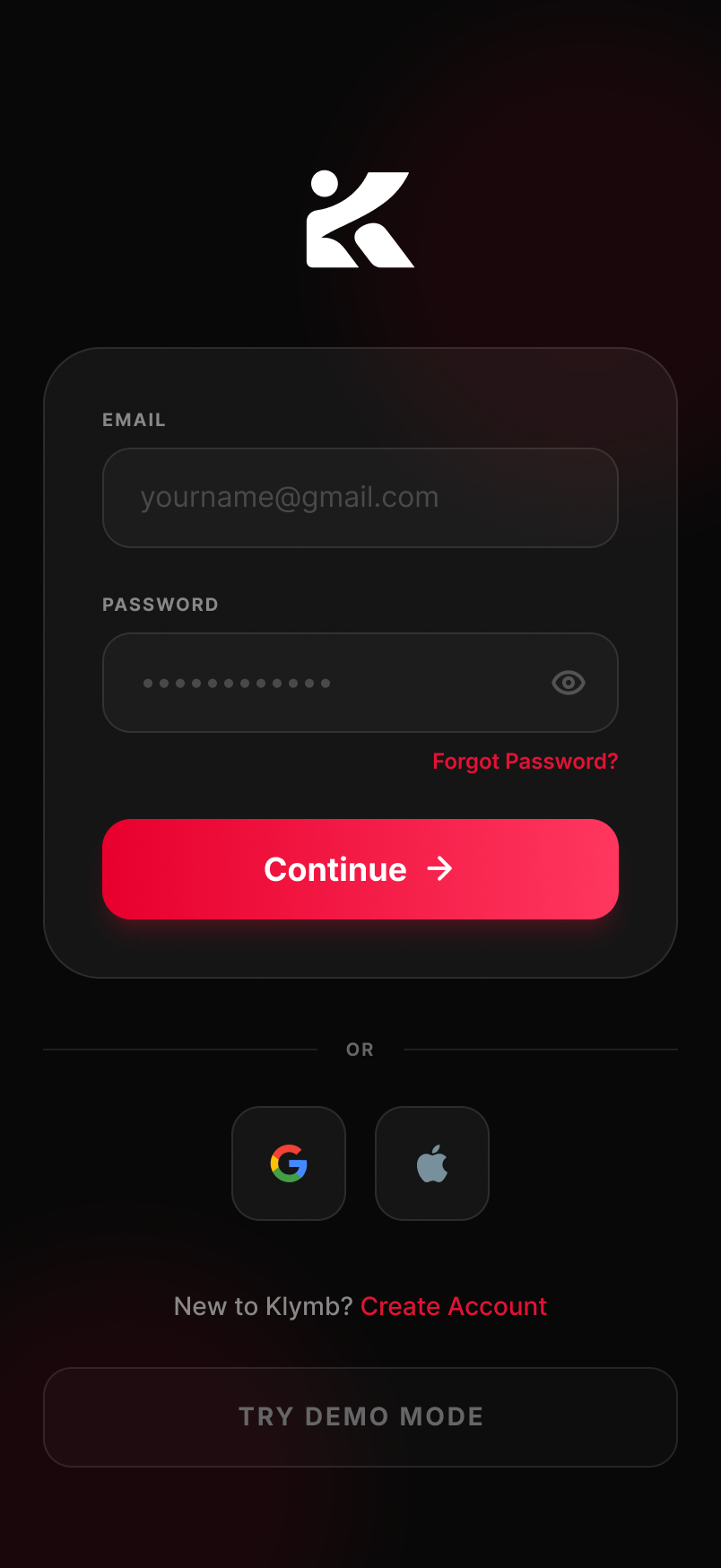 KLYMB login screen — email and password sign-in, with Google and Apple options