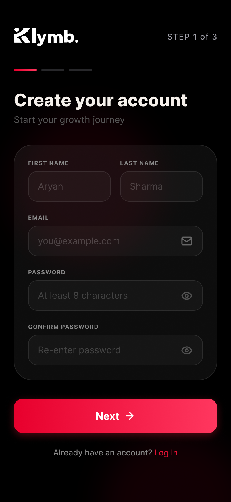 KLYMB sign-up, step 1 of 3 — first name, last name, email and password
