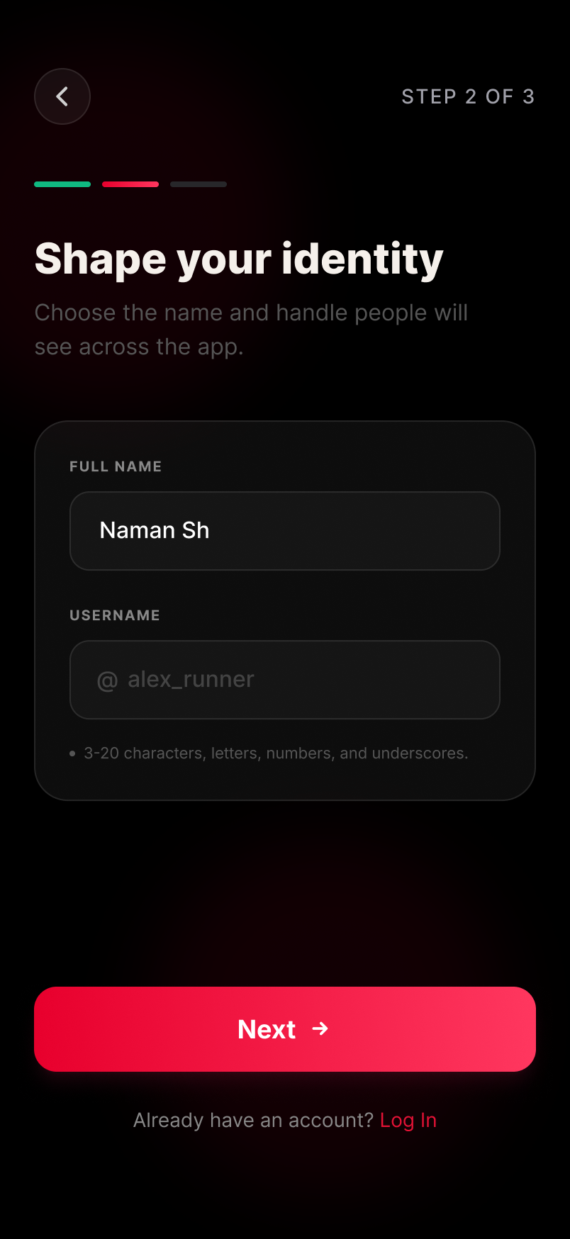 KLYMB sign-up, step 2 of 3 — full name and username