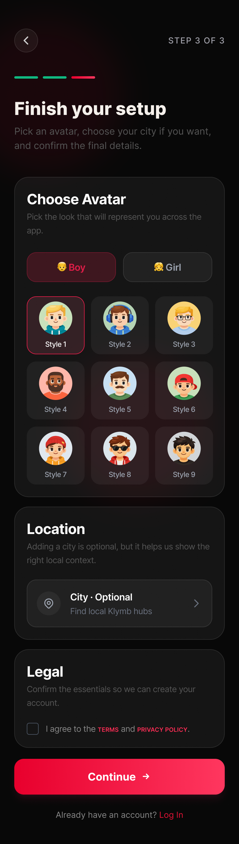 KLYMB sign-up, step 3 of 3 — avatar choice, optional city and terms agreement