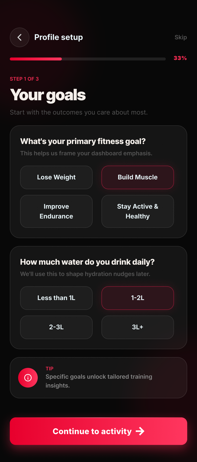 KLYMB profile setup, step 1 of 3 — primary fitness goal and daily water intake