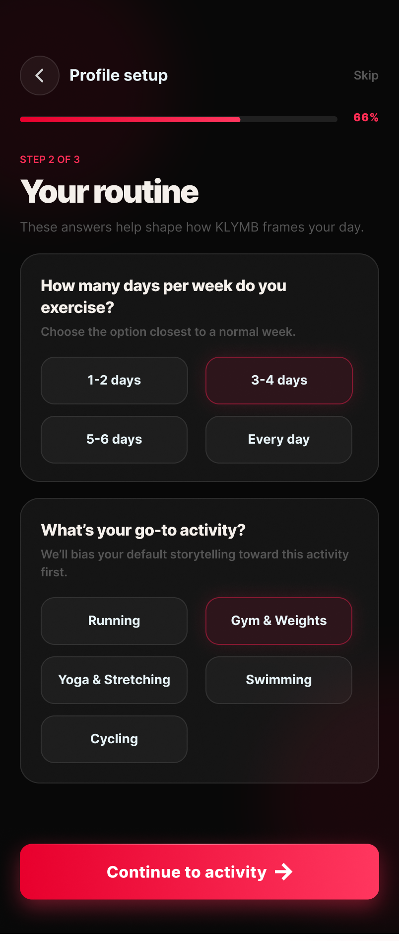 KLYMB profile setup, step 2 of 3 — weekly workout frequency and go-to activity
