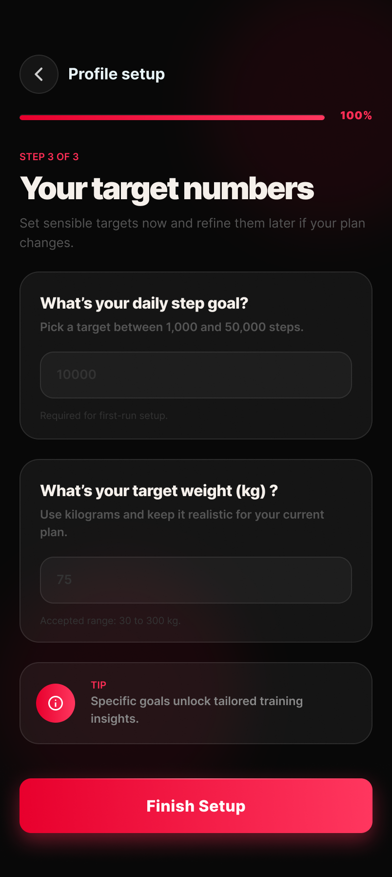 KLYMB profile setup, step 3 of 3 — daily step goal and target weight
