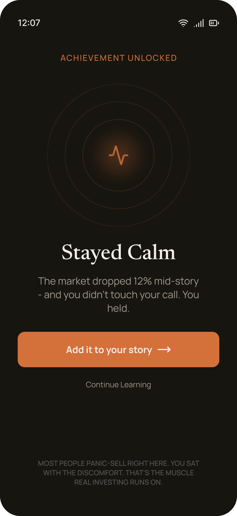 Achievement screen — a reward earned for behaviour, like staying calm through a crash