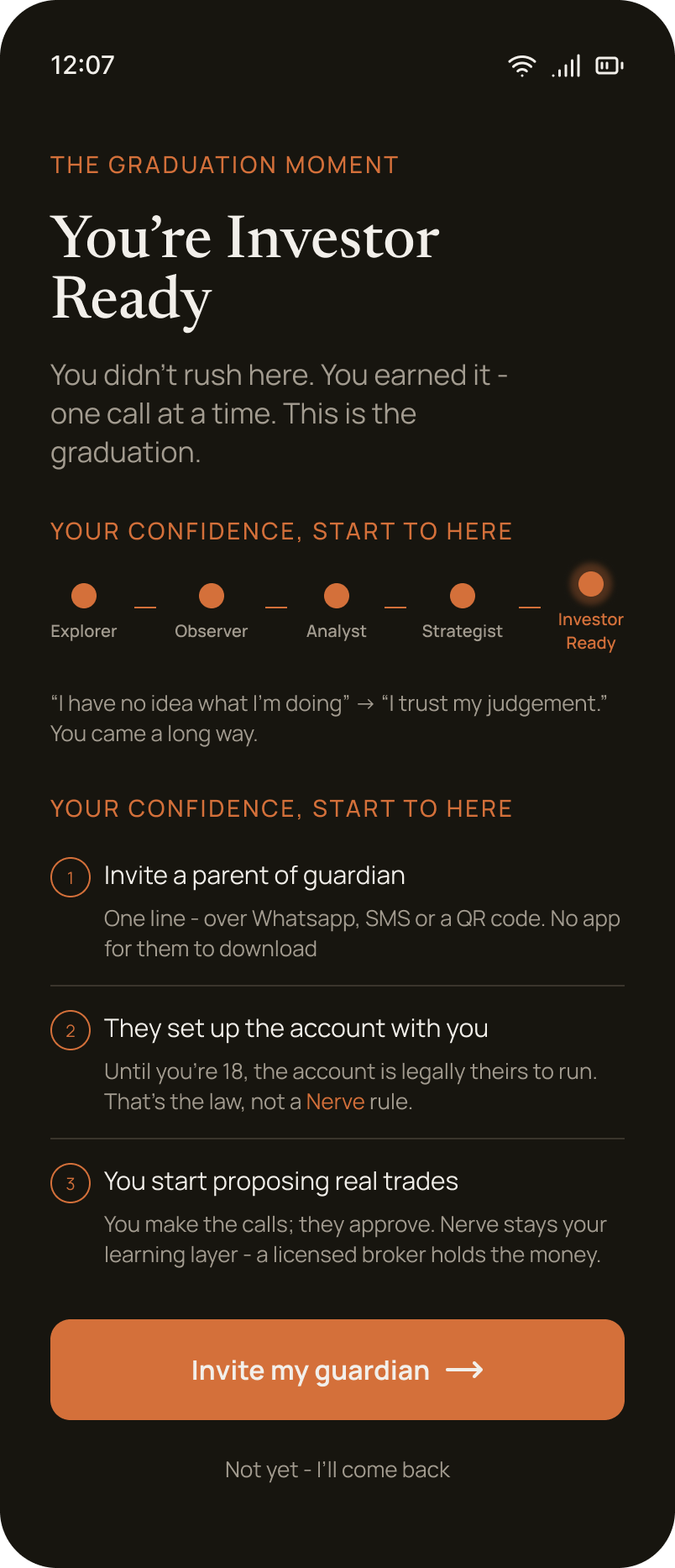 Investor Ready screen — the final identity, how close you are to investing for real
