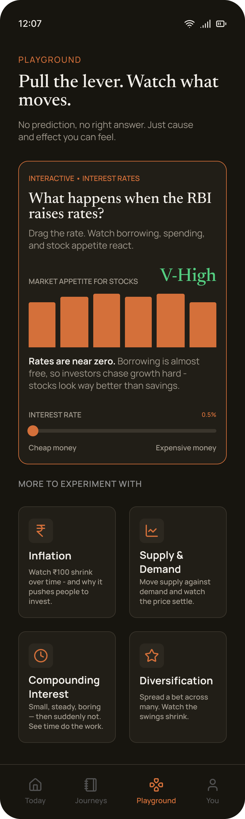 Playground screen — an open sandbox for poking at market mechanics with no score
