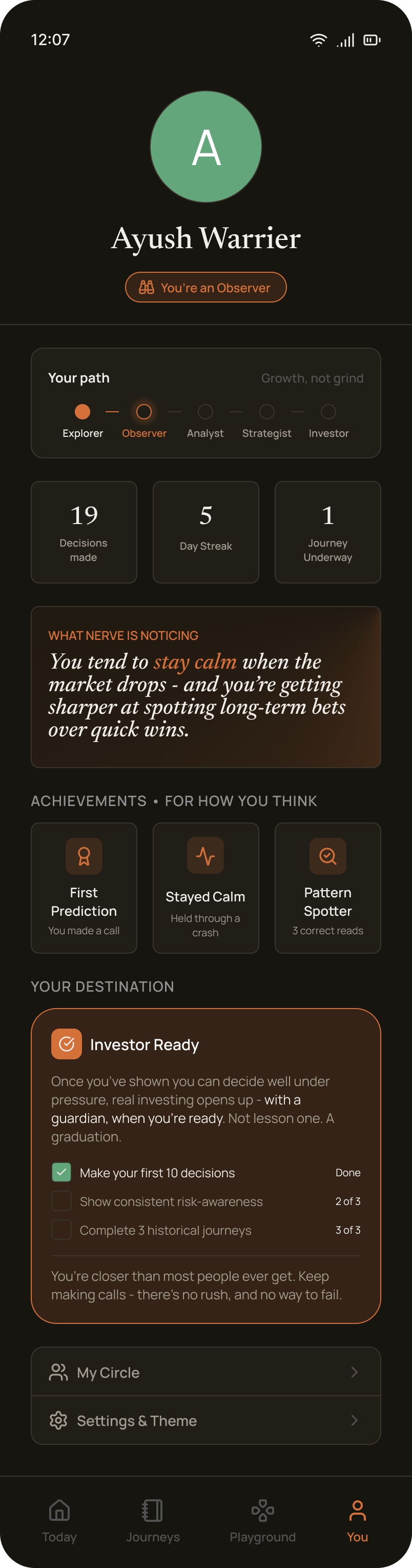 Profile screen — your progress, what Nerve has noticed about how you decide, and your achievements