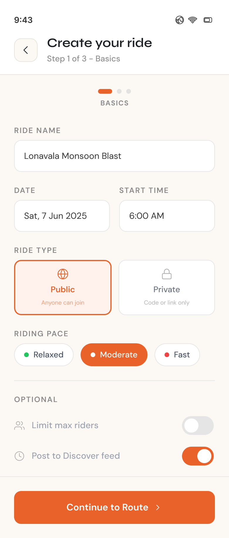 Create Ride, step 1 of 3 — ride name, date, start time, ride type and riding pace