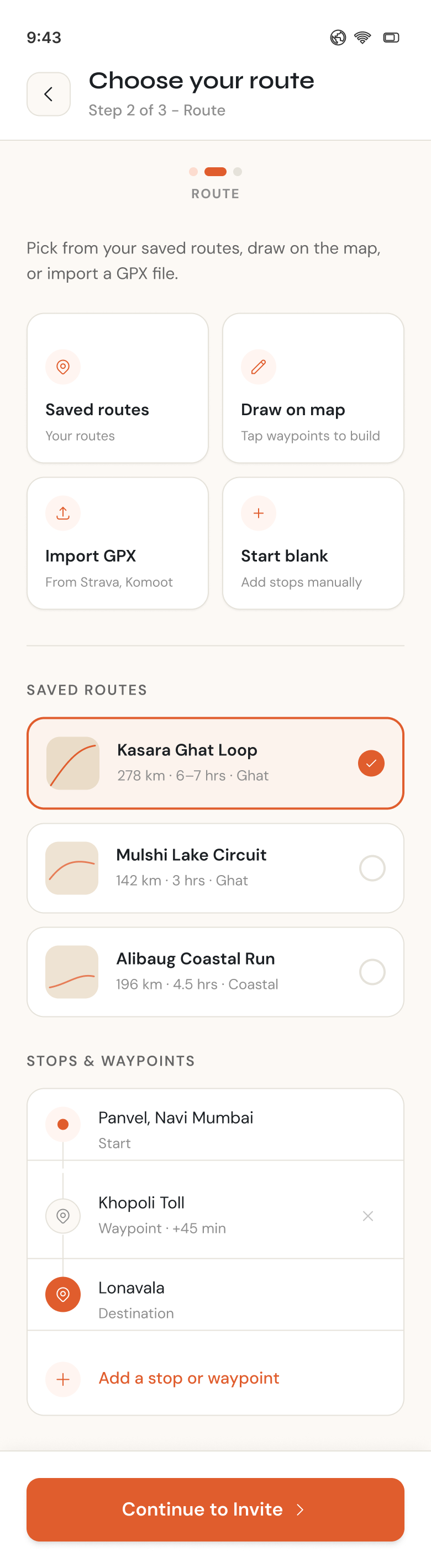 Create Ride, step 2 of 3 — choosing a route from saved routes, the map or a GPX import, plus stops and waypoints