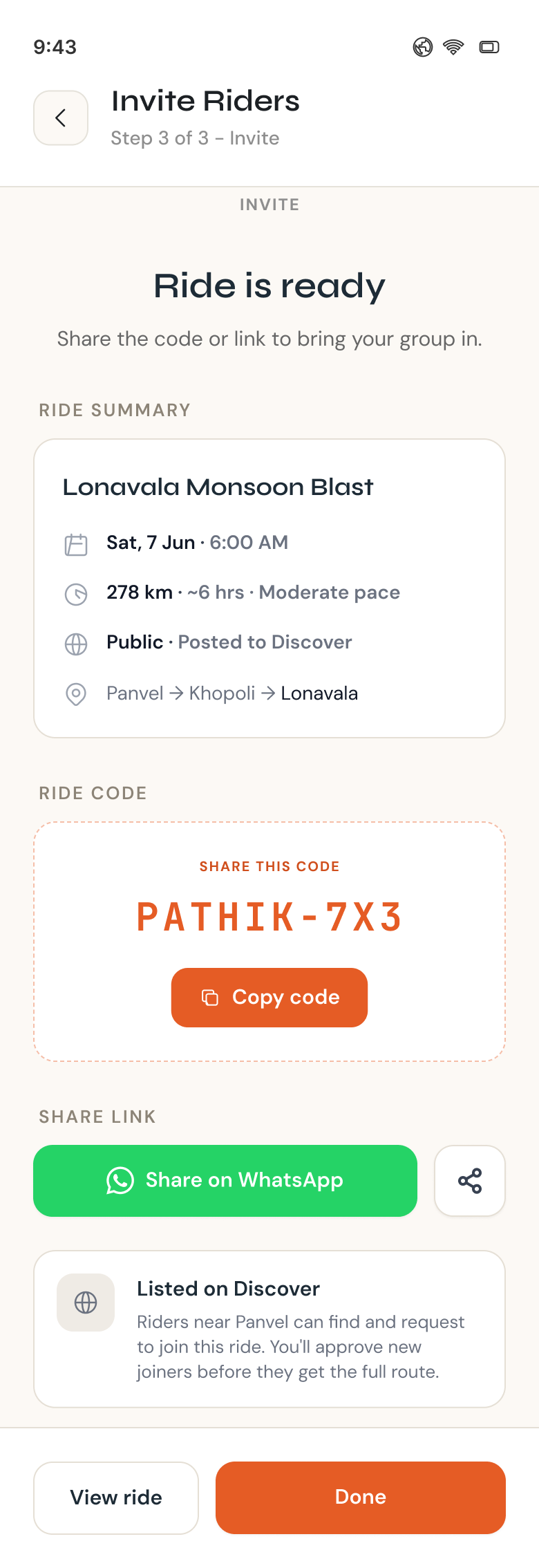 Create Ride, step 3 of 3 — ride summary, a shareable ride code, and invite options