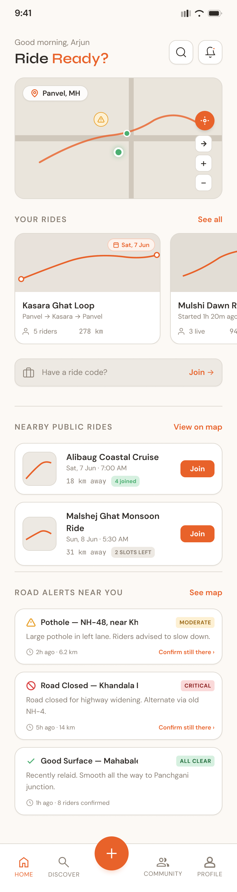 Home screen — a ride-ready map, saved rides, nearby public rides to join, and live road alerts