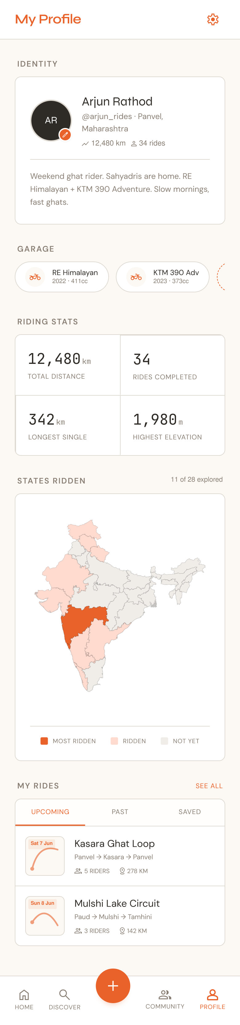 Profile screen — rider identity, garage, riding stats, a map of states ridden, and upcoming rides