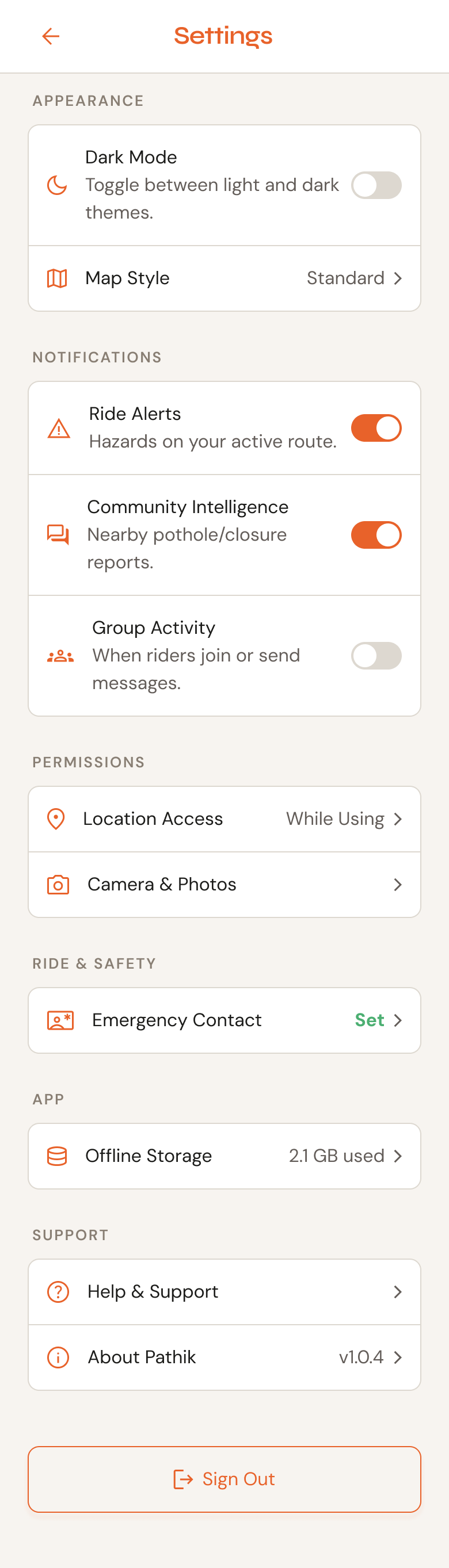 Settings screen — appearance, notifications, permissions, ride and safety, and app preferences